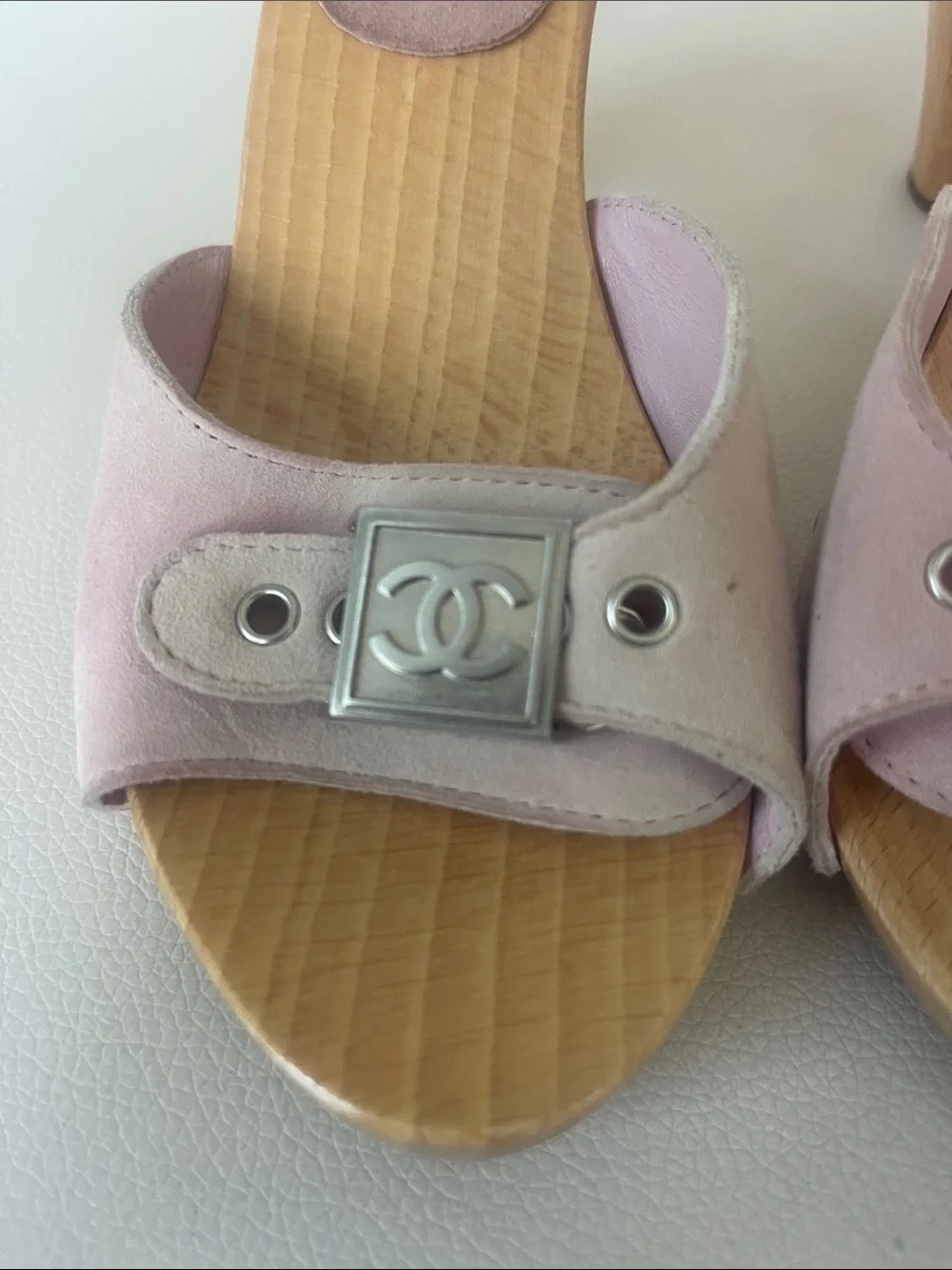 CHANEL Pink Leather Slide Mules with Silver CC Buckles